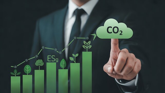 Businessman Hand touching CO2 cloud icon over green chart,showing carbon footprint,climate credits,corporate ESG compliance,emission reduction,sustainability,renewable,environmental protection concept