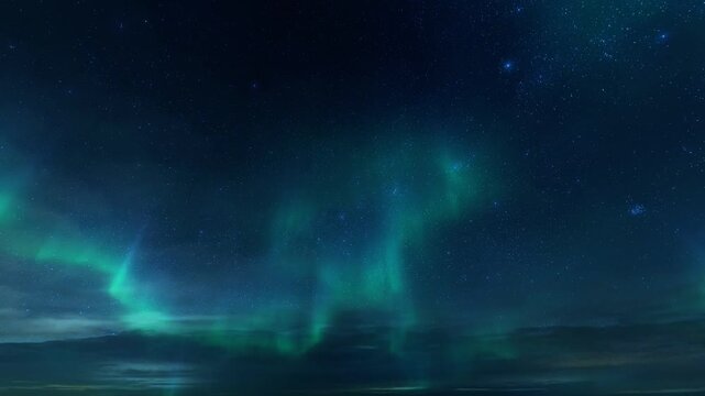The natural phenomenon of the aurora borealis, glowing in bright green hues, dances and undulates above the horizon.
