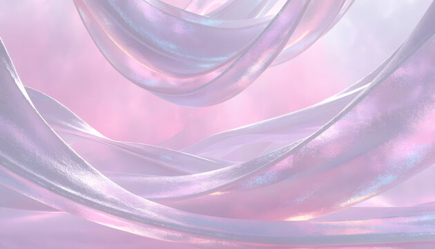 Iridescent flowing ribbons layering in airy space. Luxury beauty product and wellness theme. Pearlescent glossy waves floating smoothly above soft pink mist