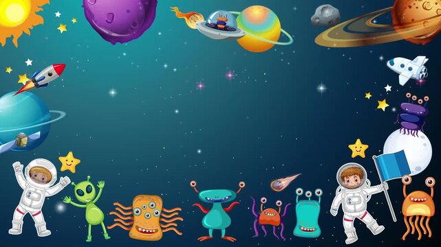 Cartoon Outer Space Border Frame with Astronauts and Aliens Loop
