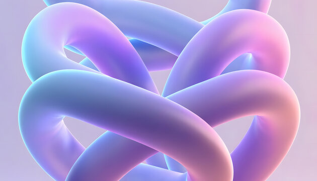 Intertwined pastel curved rings sculpture. Infinite knot and harmony network concept. Soft matte tubes looping seamlessly against a gentle pink background