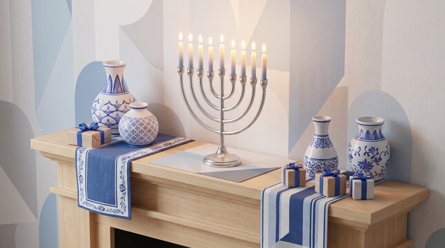 Elegant menorah with glowing candles and festive holiday decorations, traditional Hanukkah celebration concept honoring Jewish culture, family gatherings, spiritual light and heritage