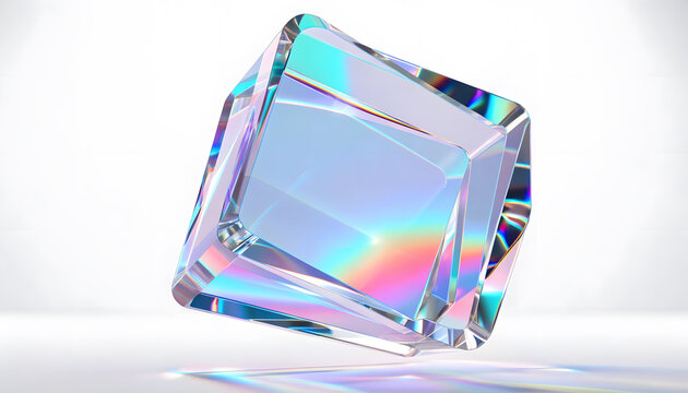 Tilted crystal prism block with colorful dispersion. Optical light refraction and innovation concept. Transparent beveled glass slab reflecting radiant spectral hues on white