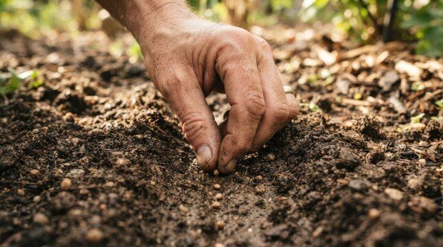 An elderly man carefully plants a seed into dark, rich soil. He is using his fingers to gently place the seed into the earth.