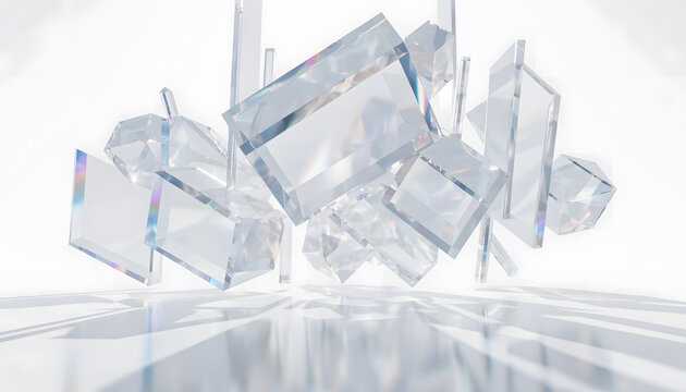 Exploding floating geometric crystal blocks cluster. Deconstruction and architectural innovation concept. Transparent glass cubes hovering dynamically above reflective ground