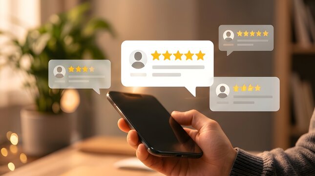 Close-up of a hand holding a generic smartphone with digital overlays of user profile icons and yellow five-star ratings, representing customer feedback, online reviews, and business reputation.
