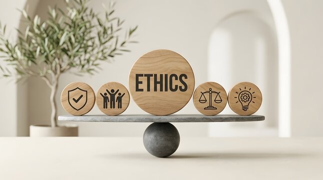 Business Ethics and Corporate Social Responsibility Concept Featuring Wooden Blocks Balanced on a Seesaw Representing Morality Justice Integrity Innovation and Leadership in Professional Workspace