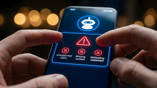 Close-up of hands holding a modern smartphone displaying an AI chatbot interface with red warning labels for unsupported claims, missing context, and misleading statements for fact-checking.