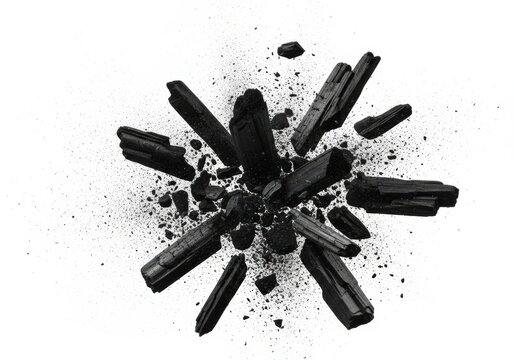 Explosion of black charcoal pieces and debris on white background isolated