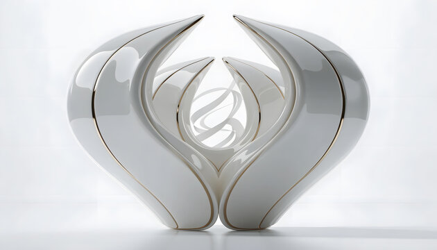 Futuristic white architectural sculpture. Contemporary luxury art and gallery display. Symmetrical glossy wings curving toward the light