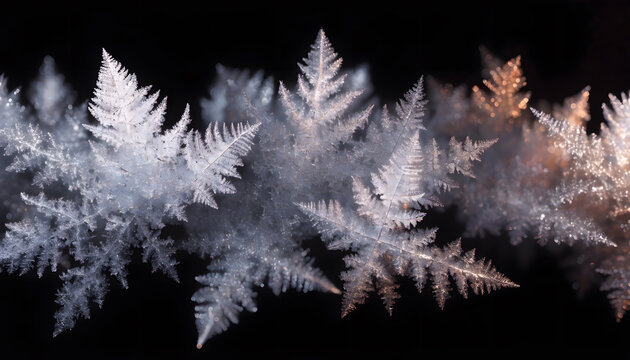 Detailed frost crystals and macro snowflake structures. Winter seasonal holiday background. Ice frost formations glistening on dark surface