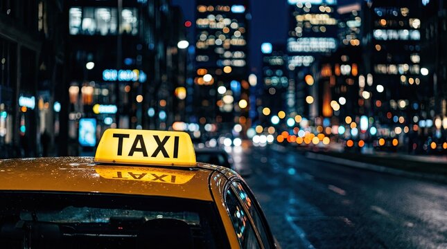 A yellow taxi cab sits on a wet city street at night. The taxi&rsquo;s roof displays a large, bold &lsquo;TAXI&rsquo; sign.