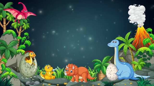 Cartoon Dinosaurs in Prehistoric Jungle Frame with Glowing Night Particles