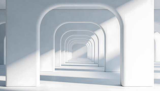 Endless white architectural arches and corridors. Futuristic minimalist interior design. Clean archway perspective casting soft sunlight shadows