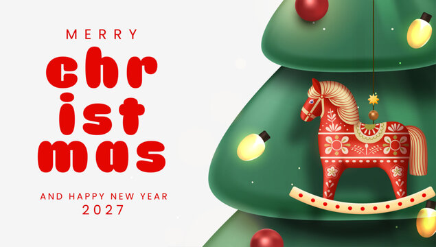 Merry Christmas and Happy New Year 2027 Greeting Banner with Decorated Christmas Tree and Traditional Rocking Horse &ndash; Editable Vector Illustration