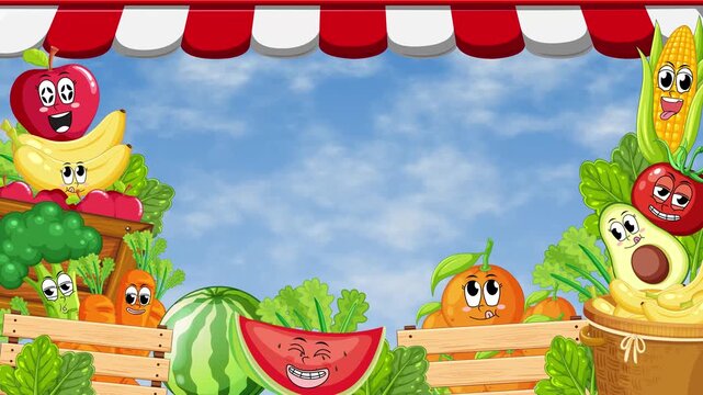 Cartoon Fruit and Vegetable Market Stall Frame with Clear Blue Sky