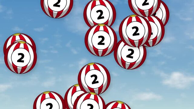 Animated Red and White Striped Number Two Balls Floating Over Sky