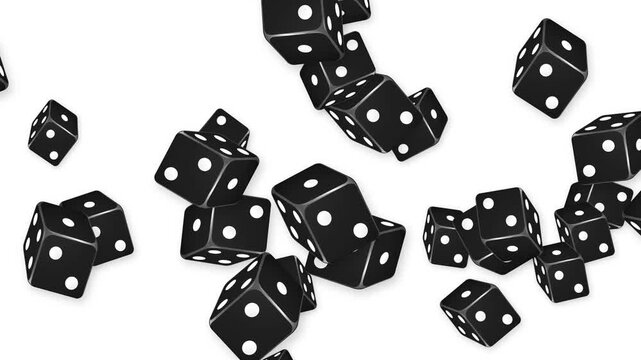 Black Dice Falling and Bouncing Against a Solid White Background