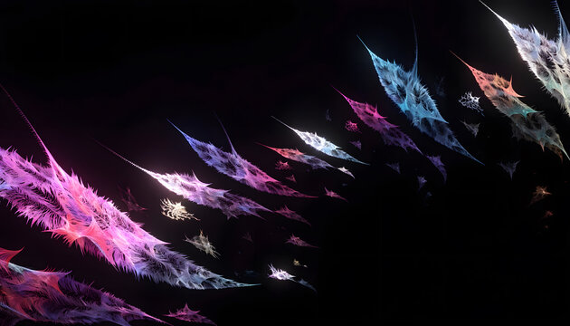 Neon fractal crystal shards flying diagonally in space. Futuristic cyber energy and particle motion. Glowing colorful prisms drifting across dark deep void (154 chars)