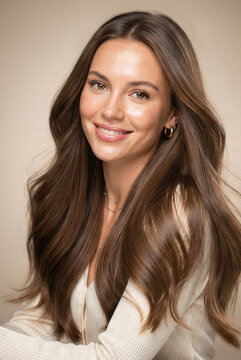 A beautiful woman with long, wavy brown hair smiles warmly at the camera. She is wearing a cream-colored knit sweater.