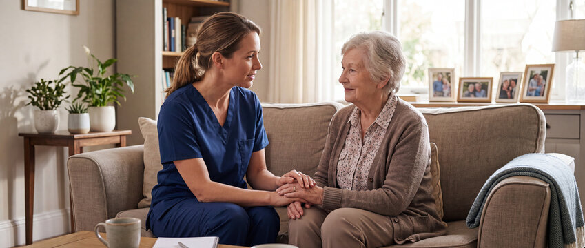 Home Nurse Providing Emotional Support to Senior Woman