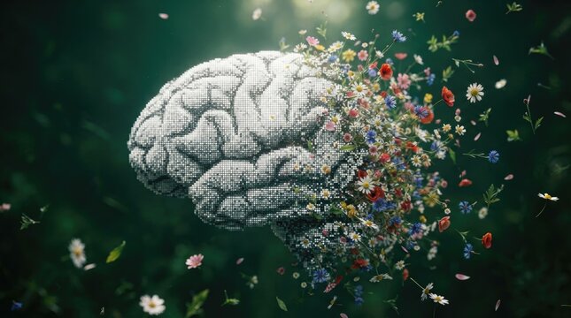 A stylized brain is constructed from a mosaic of tiny white pixels, and it is blossoming with a vibrant array of wildflowers and delicate leaves.
