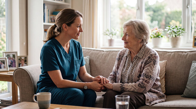 Home Nurse Providing Emotional Support to Senior Woman