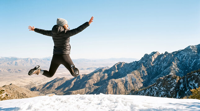 Woman jumping with arms raised in snowy mountain landscape