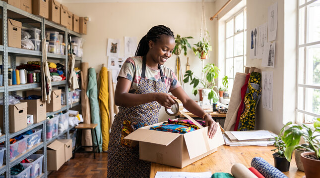 Happy artist woman organizing fabrics and textiles at workspace