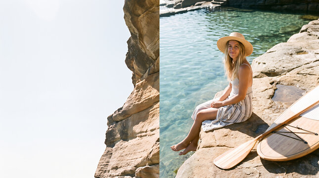 Woman sitting on rocks by turquoise ocean with surfboard