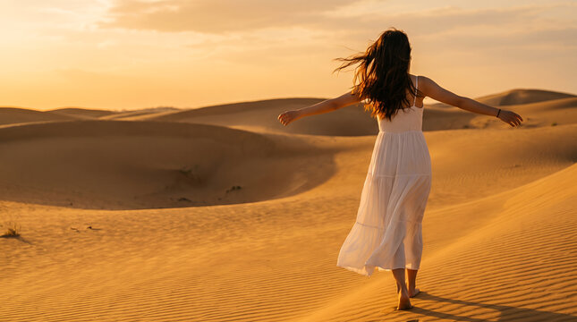 Woman with arms outstretched facing golden desert sunset
