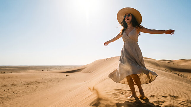 Woman with arms extended dancing in sandy desert landscape