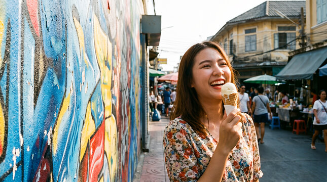 Happy woman enjoying ice cream against vibrant graffiti wall