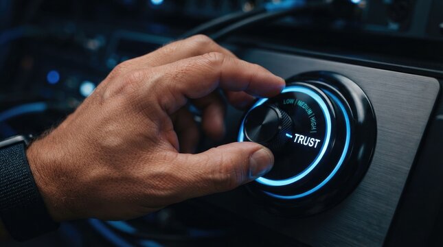 A person adjusts a dial labeled "Trust" with varying levels of low, medium, and high. The dial is illuminated with a blue light.