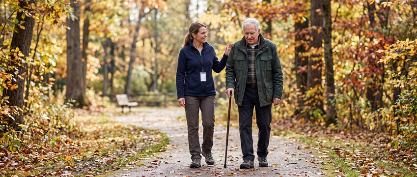 Caregiver Helping Elderly Man Walk Safely Outdoors in Autumn