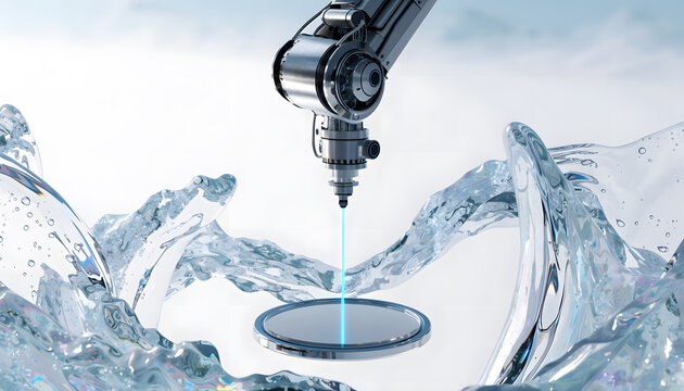 Precision industrial laser cutting machine with water splashes. Advanced manufacturing and precision engineering solutions. Robotic arm manufacturing components with high pressure water jet