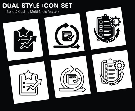 Business Icon Set Featuring Solid and Outline Vector Illustrations of Checklists, Agile Cycles, and Growth