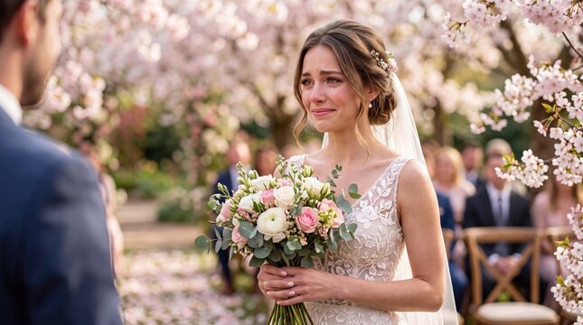 An emotional young bride holding a beautiful floral bouquet sheds tears of joy while gazing lovingly at her handsome groom during their enchanting outdoor wedding ceremony surrounded