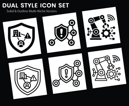 Dual Style Icon Set Featuring Security Shields and Robotic Automation in Solid and Outline Vector Graphics
