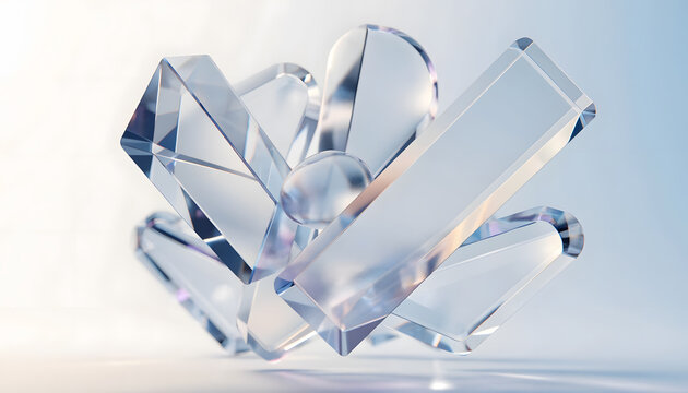Transparent glass geometric blocks and floating crystal prisms. Minimalist corporate branding and abstract refractive design. Designer arranging glossy shapes on a bright clean background