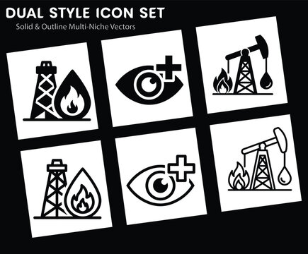 Oil Industry Icon Set Featuring Solid and Outline Vector Graphics of Drilling Rigs and Medical Eyes