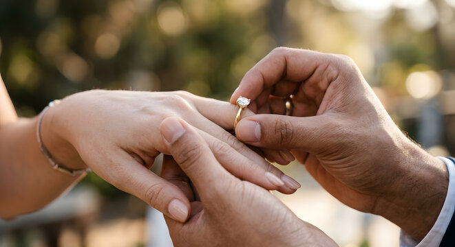 Close-up of a man placing a diamond engagement ring on a woman's finger during a romantic outdoor proposal. Warm natural light and a blurred green background capture love, and  commitment