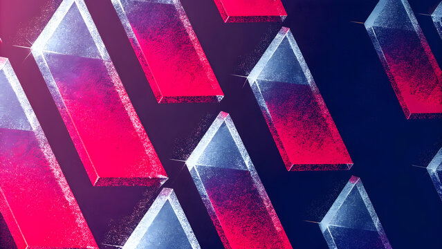 Vibrant magenta and blue crystalline blocks with textured surfaces. Modern abstract art and futuristic interior geometry. Artist showcasing textured glowing monoliths in a dark setting