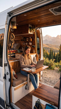 Remote Worker Using Laptop Inside Camper Van with Mountain View