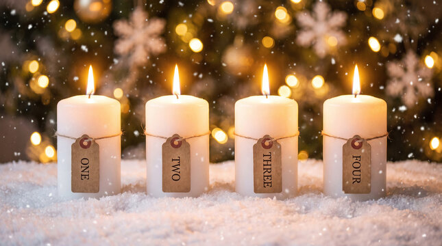 Four glowing advent candles arranged neatly in the snow with hanging numbered tags create a warm festive holiday mood in front of a decorated pine Fourth Sunday of Advent