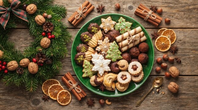 A festive arrangement of Christmas cookies and treats is displayed on a green plate. A wreath of evergreen branches, pinecones, and red berries adorns the left side of the image.