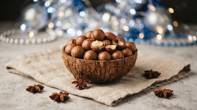 A coconut bowl filled with macadamia nuts sits on a linen cloth. Star anise pods are scattered around the bowl.