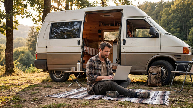 Man Working on Laptop Outside Camper Van During Road Tri