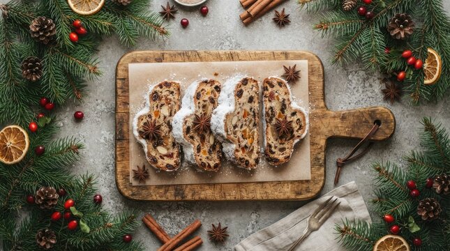 A rustic wooden cutting board displays several slices of lebkuchen, a traditional German Christmas spice cake.