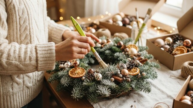 A person is crafting a festive Christmas wreath on a wooden table. They are carefully painting the greenery with a paintbrush, surrounded by various ornaments, pinecones, and dried orange slices.